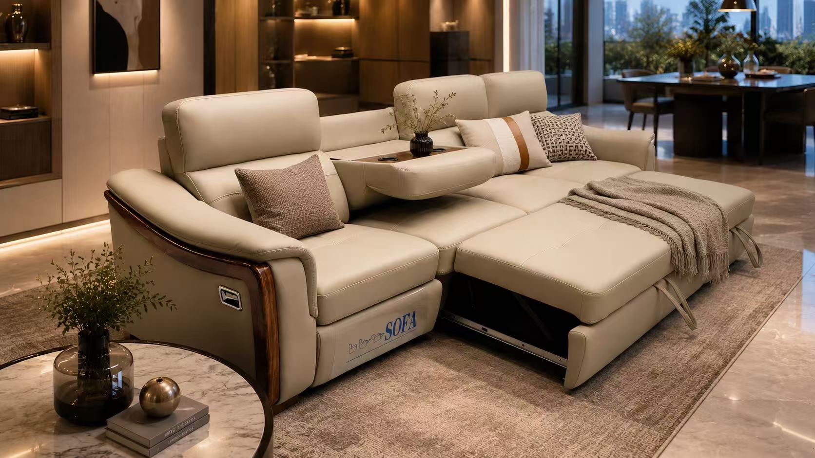 Beige PU Multifunction Sofa